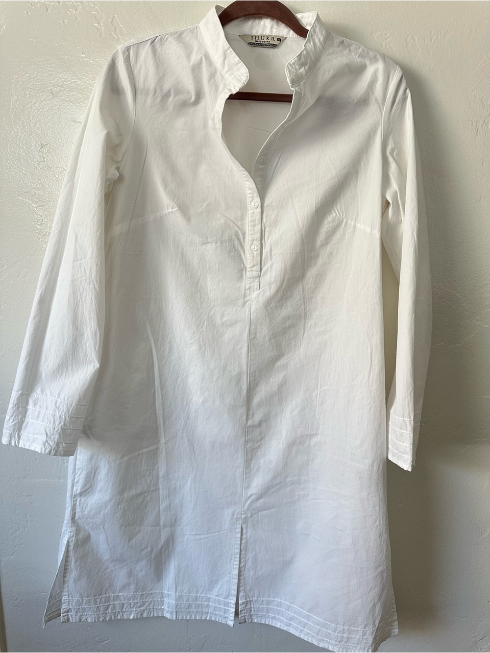 SHUKR Modest Tunic Shirt Dress Womens Medium White 100% Cotton Pintuck Long